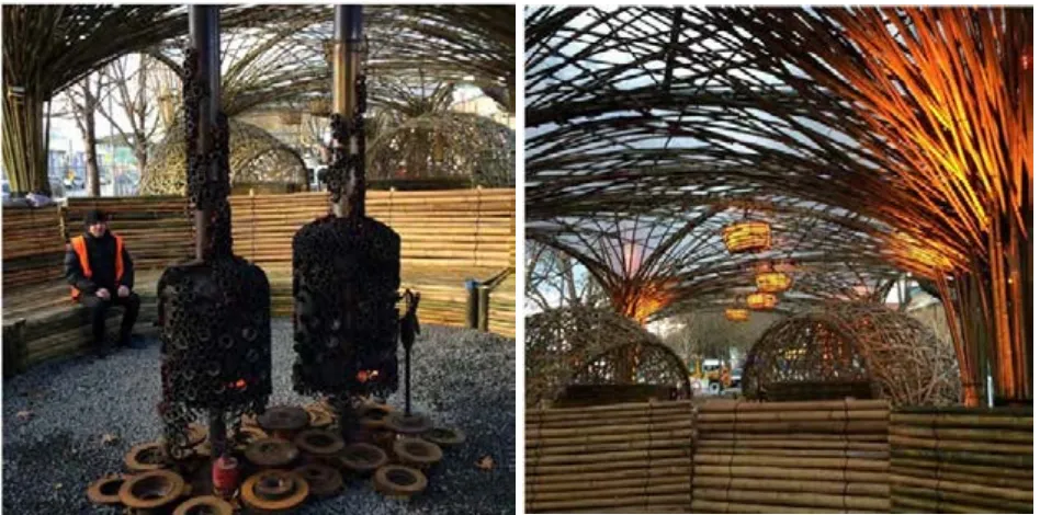 Figure 6: The conversation pit (left) and pods under canopy (right). Images: Helen Norrie