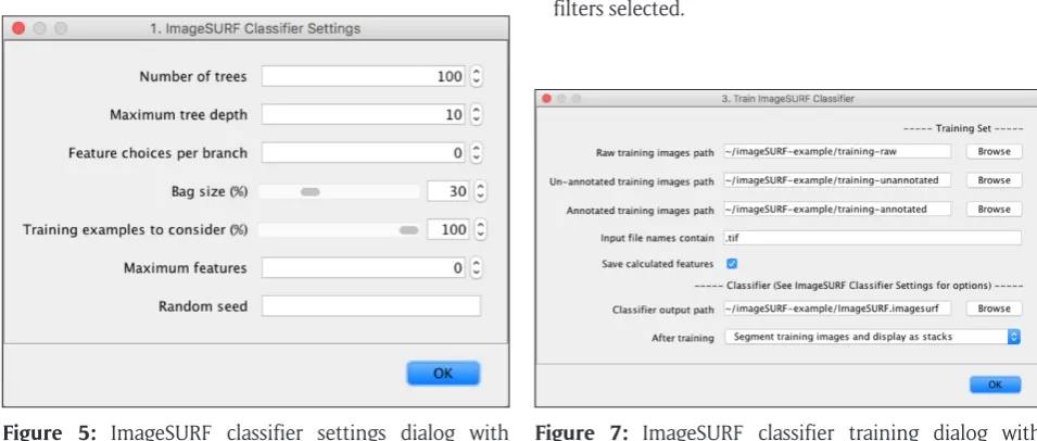 Figure 5: ImageSURF classifier settings dialog with default options.Figure 7: ImageSURF classifier training dialog with example settings.