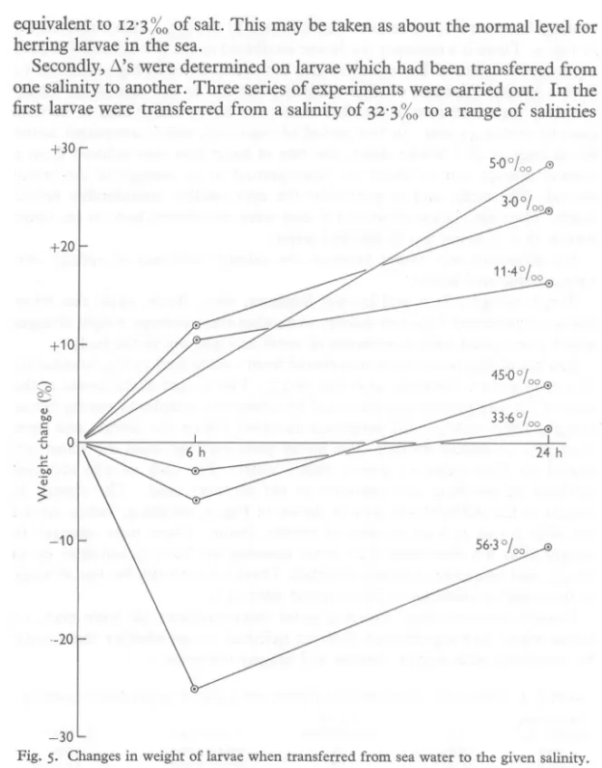 Fig. 5. Changes in weight of larvae when transferred from sea water to the given salinity,