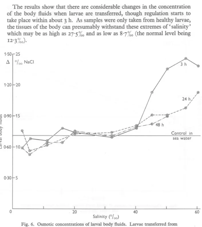 Fig. 6. Osmotic concentrations of larval body fluids. Larvae transferred from sea water (32'3 %0)'