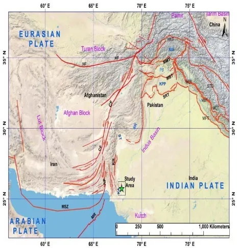 Fig. 2 Satellite image of central and southern Kirthar fold belt showing seismogenic and other faults
