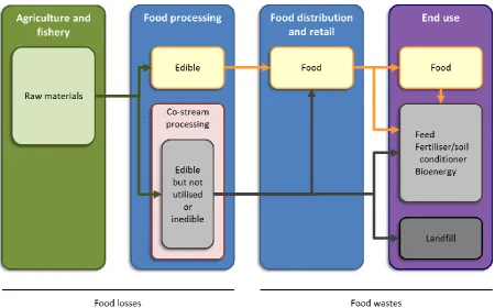 Figure 2. Flows of raw materials, food and co-streams from agricultural production and fishery via food processing industry, food distribution and retail to food consumption, and utilisation of co-streams for feed, bioenergy etc
