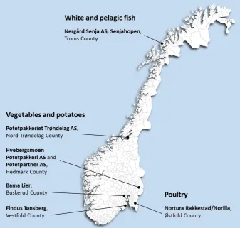 Figure 4. Locations of the cases of food processing plants presented in this report.    