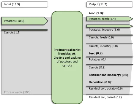 Figure 5. Flows of raw materials, food commodities and co-streams (1,000 tonnes/year, arrow width corresponds to the annual flow) at Produsentpakkeriet Trøndelag AS in 2012
