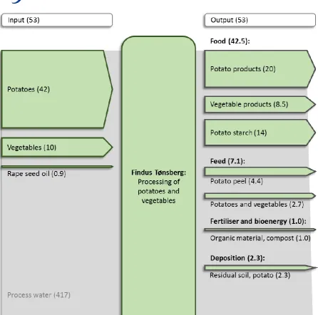 Figure 9. Flows of raw materials, food commodities and co-streams (1,000 tonnes/year, arrow width corresponds to the annual flow) at Findus Tønsberg in 2013