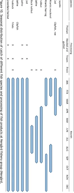 Figure 10. Seasonal distribution of catch of different fish species and processing of fish products at Nergård fishery group (Nergård, 