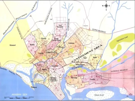 Fig. 2 Map showing Towns of Karachi with locations of soil sample sites   