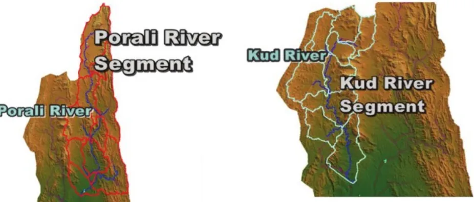 Fig. 4.Kud river segment with delineated sub catchmentsand streams.