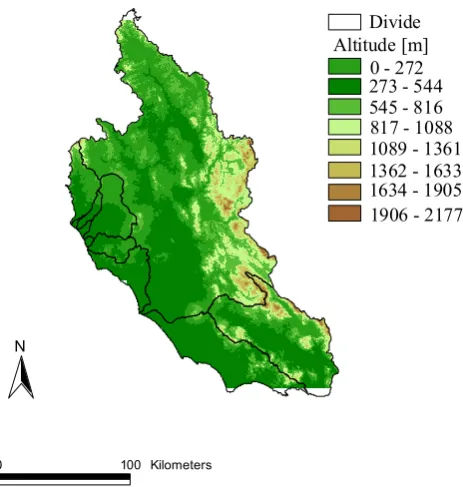 Fig. 1. Digital elevation model of the study area. The main basinsin the area are divided with black lines.