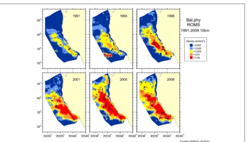 FIGURE A1 | (Case study 1) Transect coverage for surveys conducted by SWFSC between 1986 and 2006 in three broad study areas in the eastern North Paciﬁc.Modiﬁed from Hamilton et al