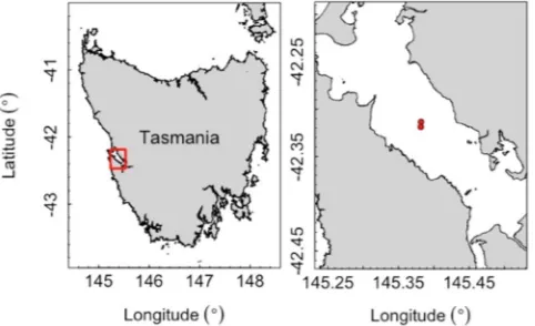 Figure 5. Map of experimental salmon cage locations in Macquarie Harbour on the west coast of Tasmania