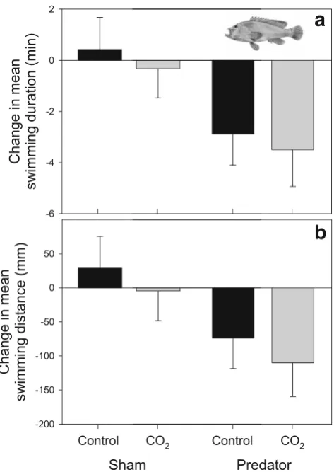 Fig. 2 Mean ± SE change in swimming duration (commons.wikimedia.org/wiki/File%3ACephalopholis_urodeta.jpga) and swimmingdistance (b) of juvenile spiny chromis (Acanthochromis polyacanthus)between the 30-min pre- and post-injection periods, where injections