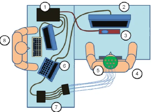 Figure 1. Setup Example: (1) Eye-tracker Host Computer, (2) Eye-tracker Display Monitor, (3) Eye-tracker sensing device, (4) User, (5) EEG Head Cuff, (6) Display PC, (7) EEG Amplifier, (8) Operator 