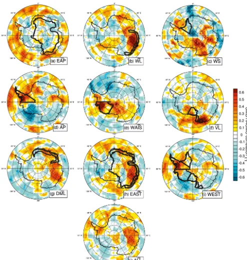 Figure 3. Spatial correlation plots of standardized regional and continental composites of snow accumulation with precipitation from ERA-Interim (1979–2010)