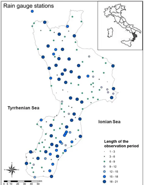 Fig. 1.  Location of rain gauge stations and lengths of the observa-tion period.