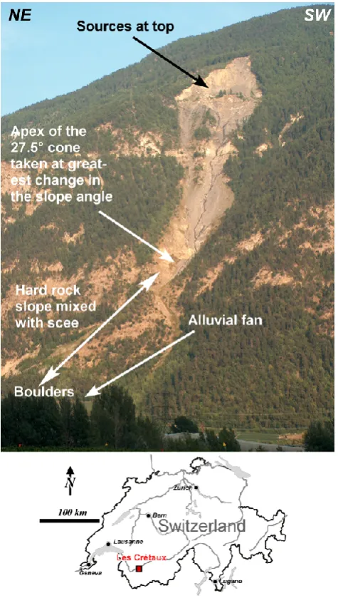 Fig. 6. The area in black is representing the source cells. The yel-low to red scale is the count of the number of source points po-tentially contributing to the rockfall propagation zone
