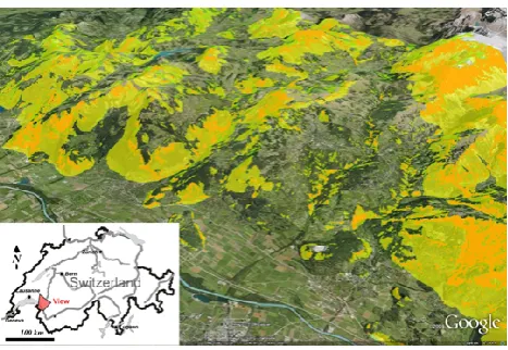 Fig. 8. View of rockfall indicative map of the Canton de Vaud basedon the conefall method with φp of 33◦ using Googlearth (see Loyeet al., 2009 for a detailed description of the map characteristics).