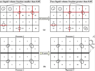 Figure 3ACCEPTED MANUSCRIPT: (a) ID initialisation of liquid structures. Adjacent liquid-containing cells sharing a cell face with  0.05l (marked in red) are combined to form contiguous liquid structures