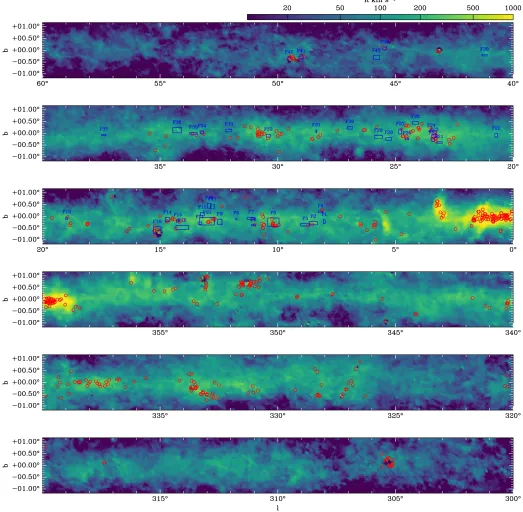Figure 3. Distribution of HMSC candidates in the inner Galactic plane. The background shows COopen boxes delineate the large-scale dense J=1-0emission from Planck Collaboration et al