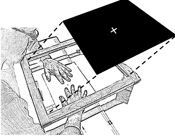 Figure 2.2. Schematic drawing of the experimental setup. Note that hands and tactile stimulators are shown here only for illustrative purposes, as they were in fact occluded under the horizontal computer display throughout the experiment