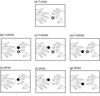 Figure 2.3. Example of the stimulation conditions with one hand palm-down and the other stimulation at the target finger; filled black circles indicate stimulation at the non-target finger