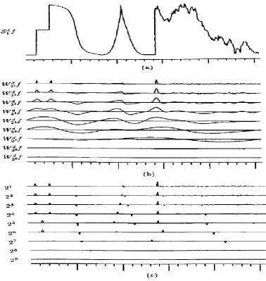 Figure 3.4: a) original signal b) DWT of signal c) modulus maxima of decomposedsignal