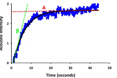 Figure 2.3: Microvascular volume and filling rate calculation. Plot was constructed after high energy ultrasound pules destroyed microbubbles in imaged region at t=0