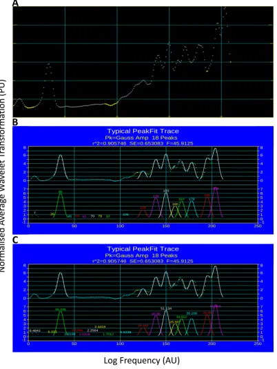 Figure 2.4: Typical PeakFit analysis output. Wavelet transformation data is uploaded into PeakFit software on linear scale and the A) best baseline is selected B) peaks in each frequency region are identified by position and then C) AUC for each peak is de