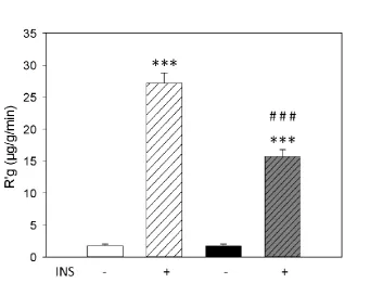 Figure 3.4 – Effect of a 41% fat diet on (A) muscle glucose uptake and (B) microvascular perfusion in the skeletal muscle control () and high fat fed rats (38 ) with or without insulin infusion during hyperinsulinemic euglycaemic clamp procedure