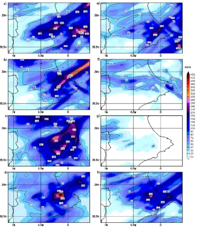 Fig. 8. RAMS Grid 4 48-h accumulated precipitation forecast in mm for the whole event: (a) Kuo1, (b) Kuo2, (c) Kuo 3, (d) Kuo4, (e) KF1,(f) KF2, (g) KF3 and (h) NoC.