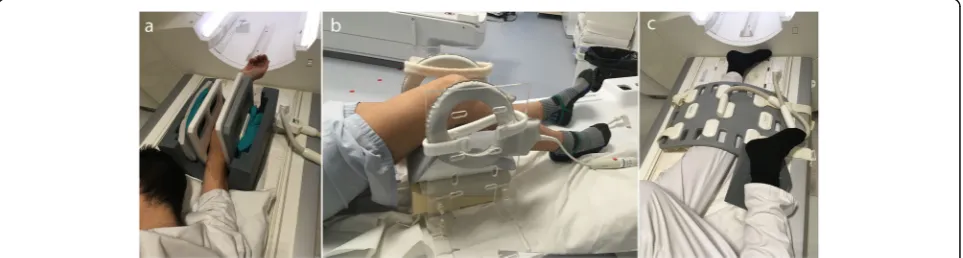 Fig. 5 Patient and coil positioning for shoulder (a) and hip (b) motion evaluation in an Achieva dStream 3.0 T Philips MRI scanner