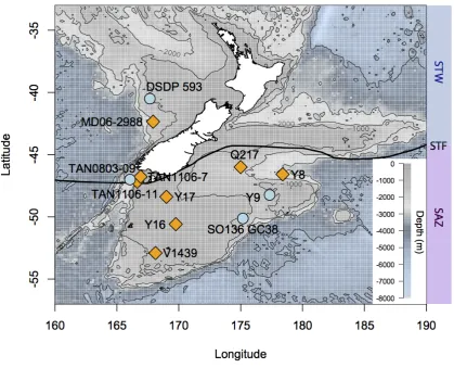 Figure 1.5: Map representing the bathymetry of the New Zealand region as well as sed-iment core locations