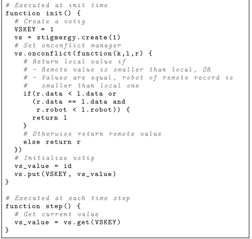 Figure 1: The Buzz code executed on the robots to test theperformance of virtual stigmergy.