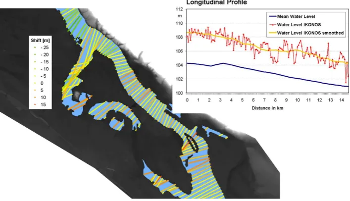 Fig. 9.Fig. 9 Illustration of the IKONOS ﬂood mask overlaid on the LiDAR DEM for a section of the Elbe River southeast of Dresden
