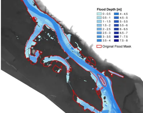Fig. 10.  Flood depth map of the Elbe River region southeast of Dresden showing the result of the computed flood depth and the resulting flood extent at the time of the Ikonos satellite overpass compared to the original computation time.