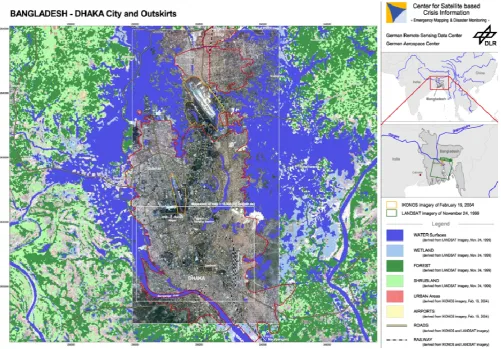Fig. 8. Flooding of the megacity of Dhaka: rapid mapping result produced at DLR-ZKI to derive up-to-date spatial information for reliefoperations www.zki.dlr.de.
