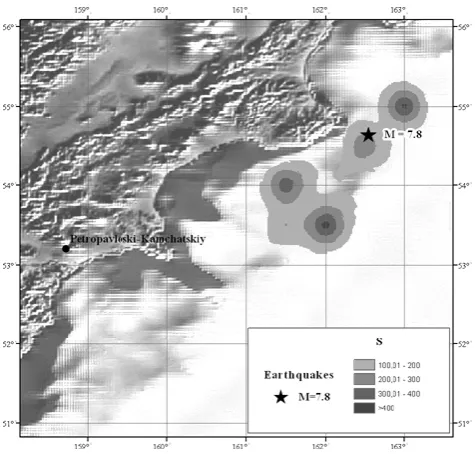Fig. 6.Areas of foreshock activation before the Kronotskoeearthquake. The star marks the main shock M = 7.8.