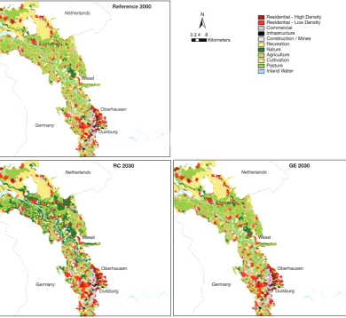 Fig. 4. Land use maps for the reference year 2000, and for 2030 under the RC and GE socio-economic scenarios