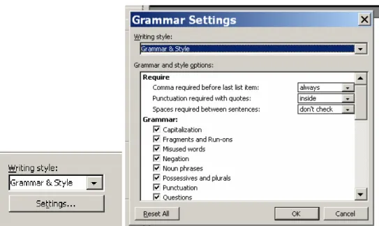 Figure 3. Click on the Settings button and require a comma—always—before the last list  item, require punctuation inside the quotes, do not check the spaces between sentences, and  put a check in every box under the Grammar heading