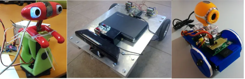 Fig. 5.Robot platforms tested with Robot Devastation: Gun turret is shown on the left, ECRO is the one in the middle image, and RD1 is the platform on theright.