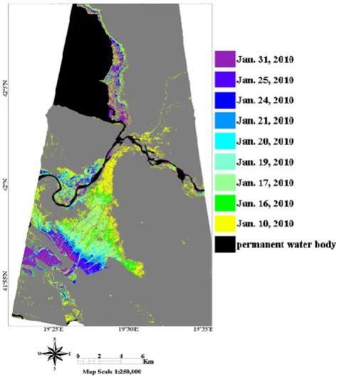 Fig. 6.Multi-temporal map showing the time evolution of thenine COSMO-SkyMed images whose acquisition dates are reportedShkod¨er ﬂood