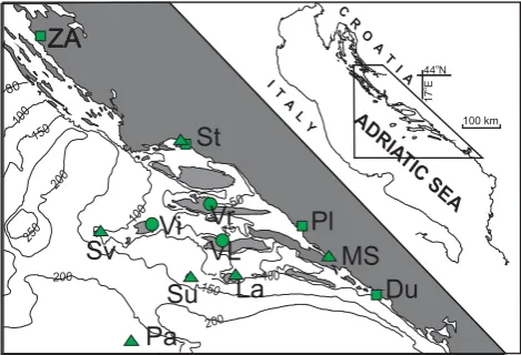 Fig. 1.Bathymetry for the central coastal region Adriatic Sea.Squares mark tide gauge stations: Zadar (Za), Split (St), Ploˇce (Pl),Dubrovnik (Du)