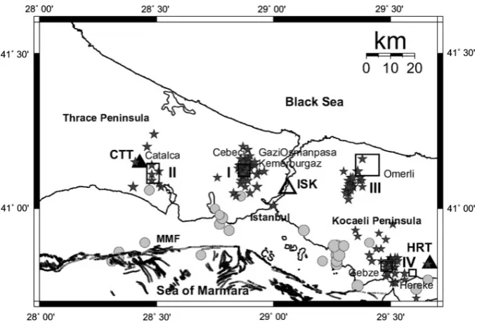 Fig. 1. Location map of earthquakes (ﬁlled gray colored circles) and quarry blasts (ﬁlled black colored stars) in the vicinity of Istanbul