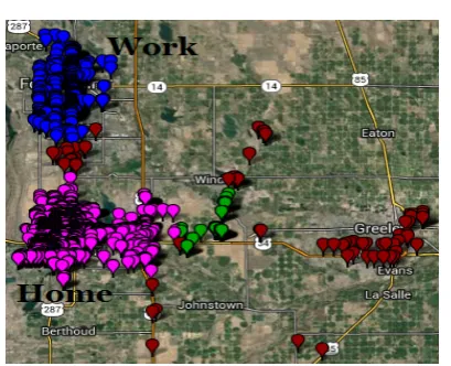 Figure 3. Location clusters for a randomly chosen user in ourdataset (best viewed in color).