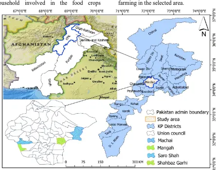 Figure 1. Map of Pakistan, Khyber Pakhtunkhwa and selected area of research Source:  Adopted from Google map and own collaboration 