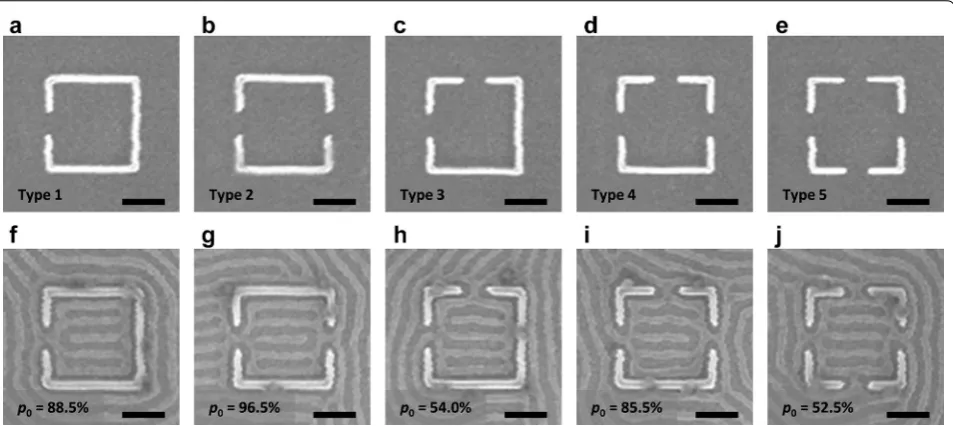 Fig. 3 SEM images of square confinement with openings and the resulting block copolymer patterns