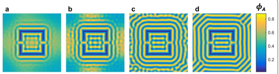 Fig. 4 SCFT simulations showing the evolution of the polymer self‑assembled pattern. a Early stages of the simulation show a wetting layer is formed of the inner and outer surface of the walls while the polymer is still disordered in the region surrounding