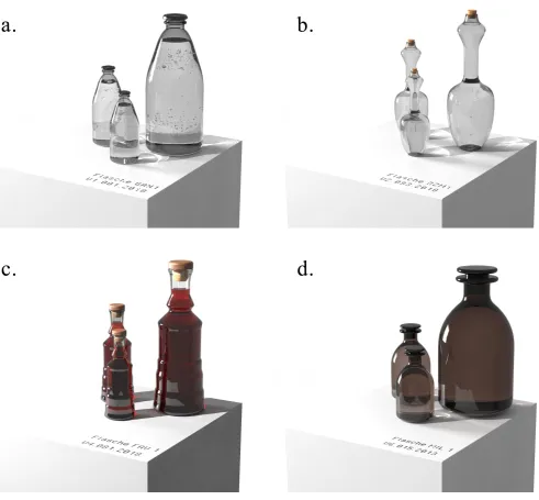 Figure 8. Rendering of generated bottles using a. plausible shape representation, b. semantic shape representation, c
