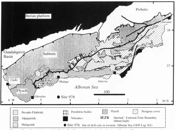 Figure 1.2 Detailed map of the Betic Cordillera, showing the distribution of Internal Zone components and other important features in the orogen.