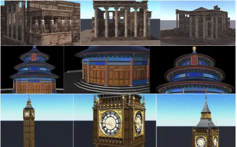 Figure 2. Three image sets (blocks)  (9 rendered the palace of Westminster (Big Ben) rendered using rendered using NPR- TI (middle); the clock tower of shots) used in the study